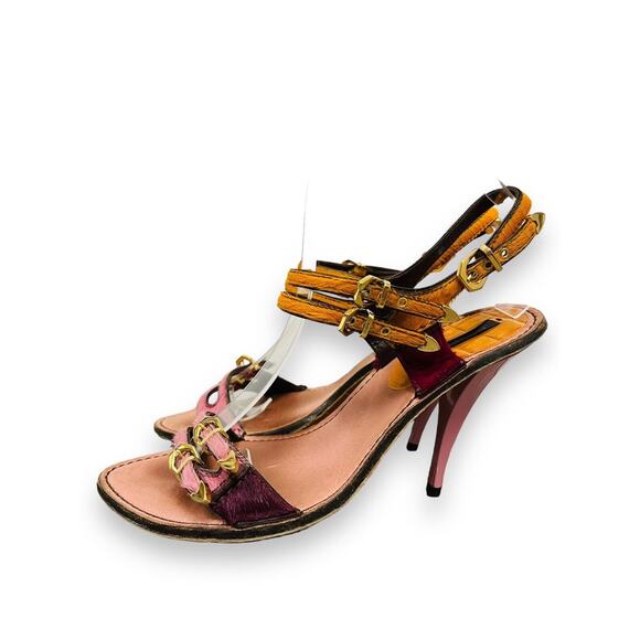 LOUIS VUITTON Pink Multicolor Ponyhair Buckle Accent Slingback Sandal Heels 37 - Picture 5 of 7